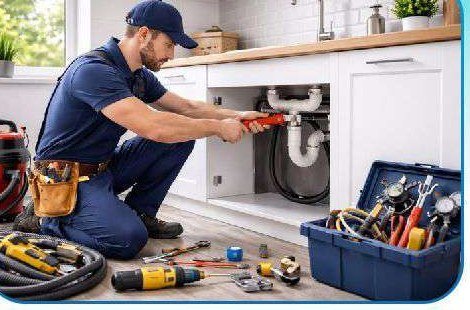 Maintenance helper repairing plumbing under a sink