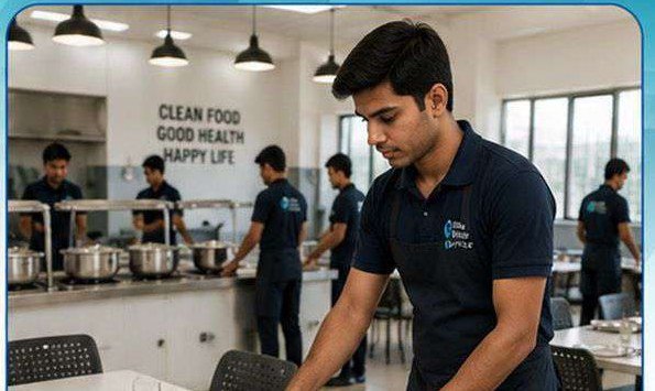 Mess helper serving in a clean dining hall
